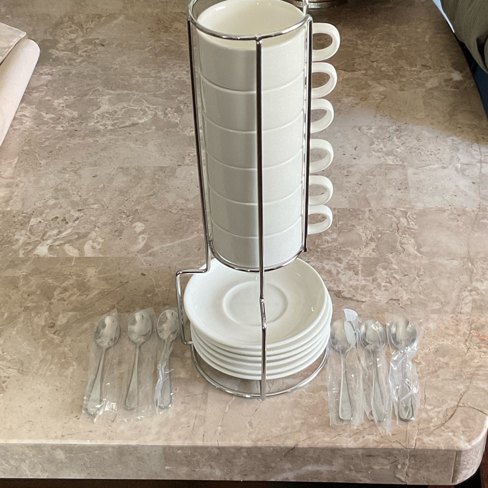 White Stackable Espresso Coffee Cup and Saucer Set with Stand